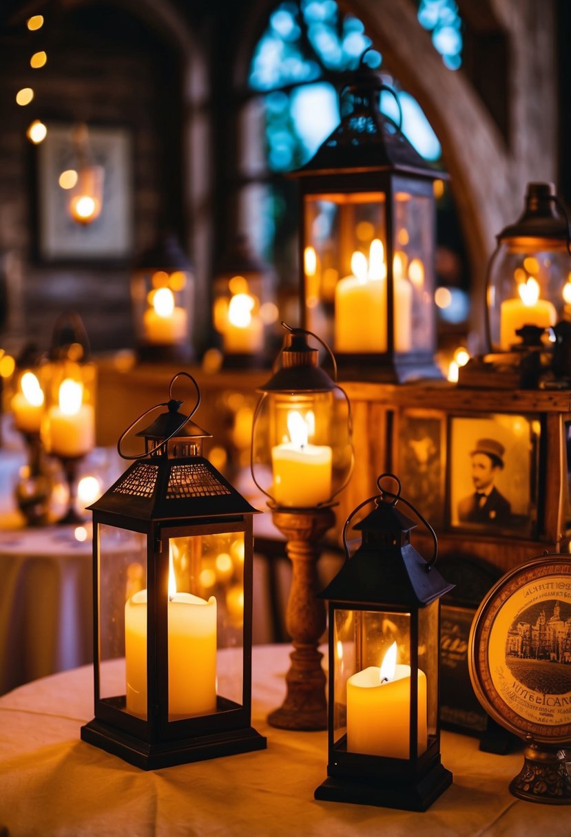 Candle lanterns illuminate a vintage wedding venue, casting warm, flickering light on rustic decor and historical memorabilia