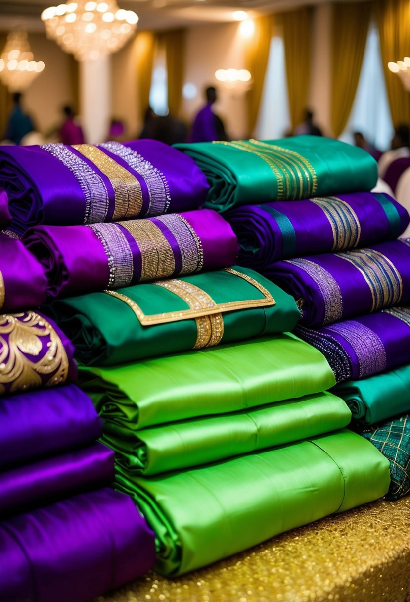 Vibrant Asoebi fabrics in varying shades of purple, green, and gold, neatly arranged in a traditional Nigerian wedding setting