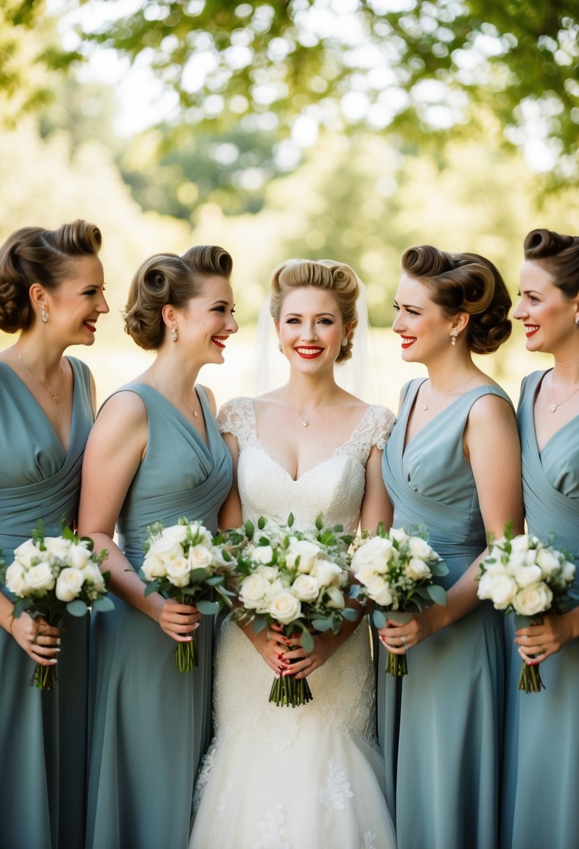 Bridesmaids with victory rolls in 1940s wedding attire