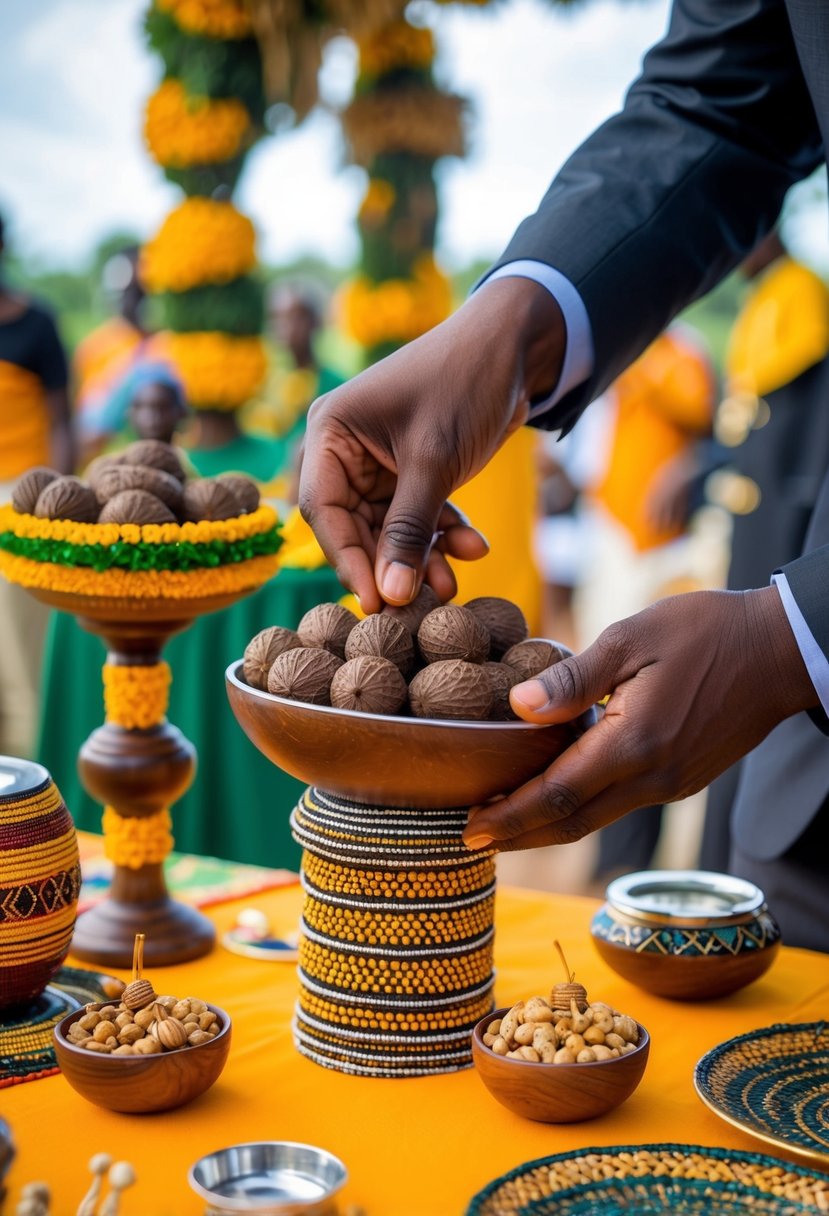 A traditional Nigerian Kola Nut Ceremony with decorative elements and ceremonial objects