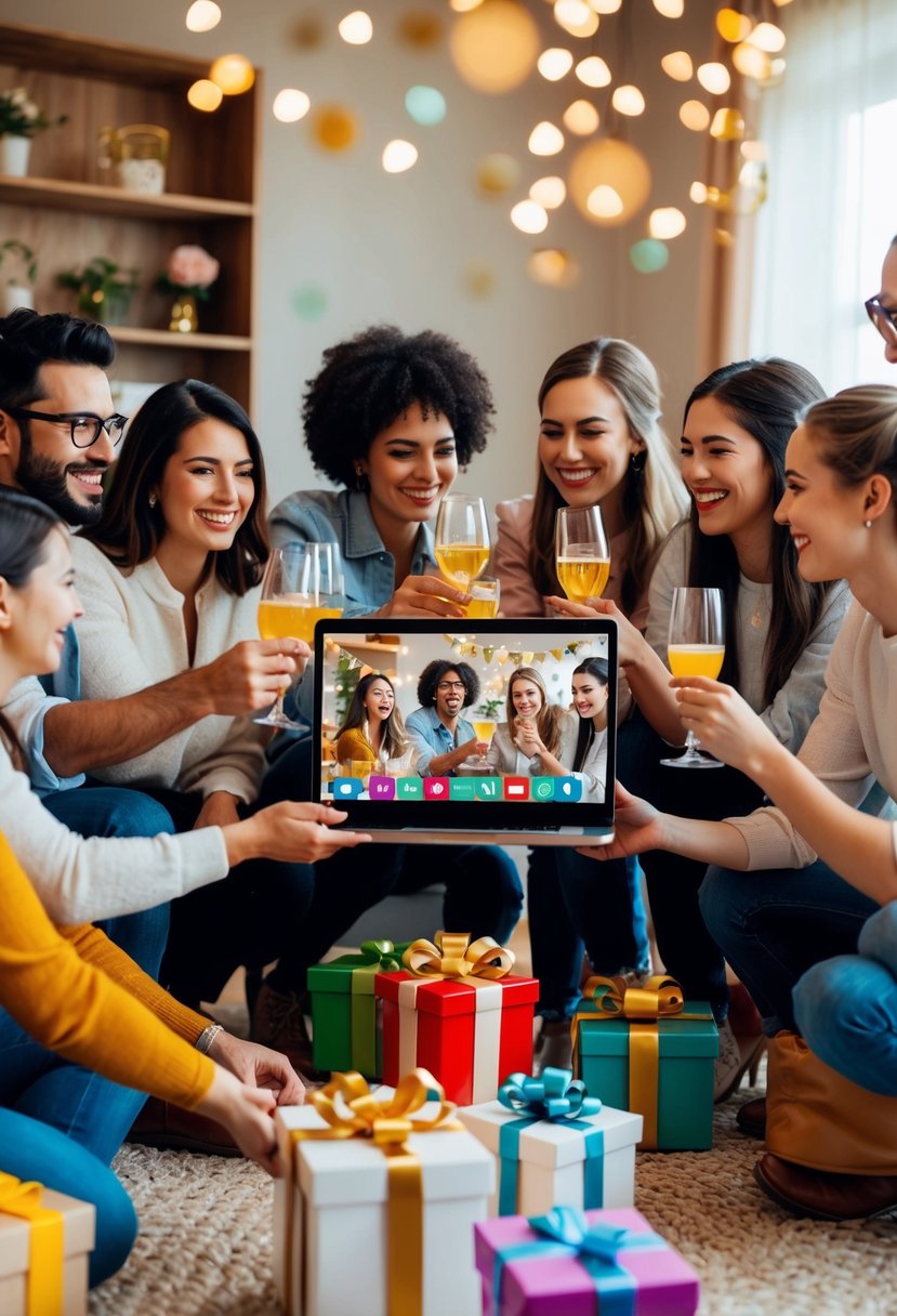 A group of friends gather on a video call, toasting the bride-to-be with virtual gifts and games in a festive and celebratory atmosphere