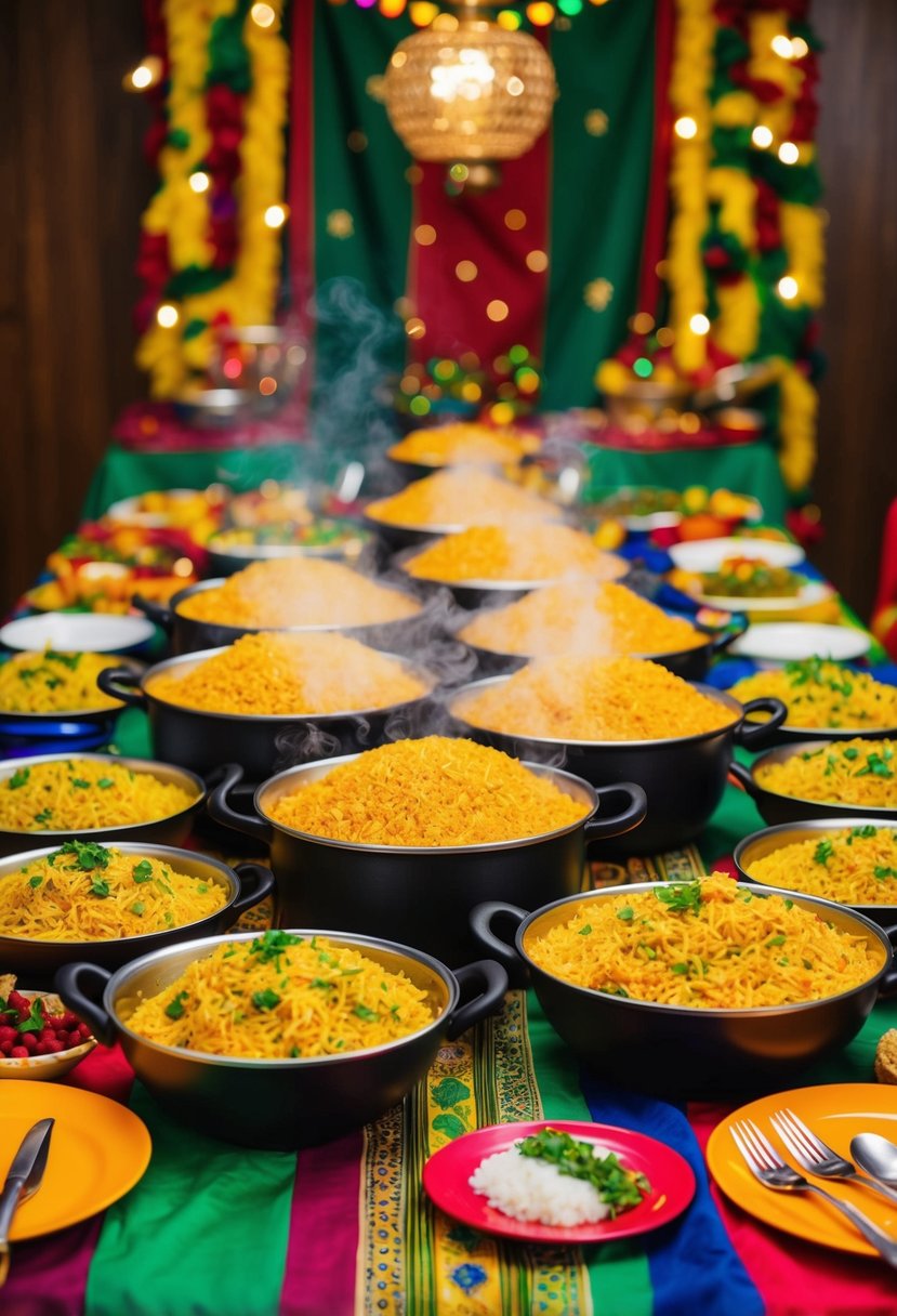 A colorful buffet table adorned with steaming pots of Jollof rice, surrounded by vibrant Nigerian fabrics and festive decorations