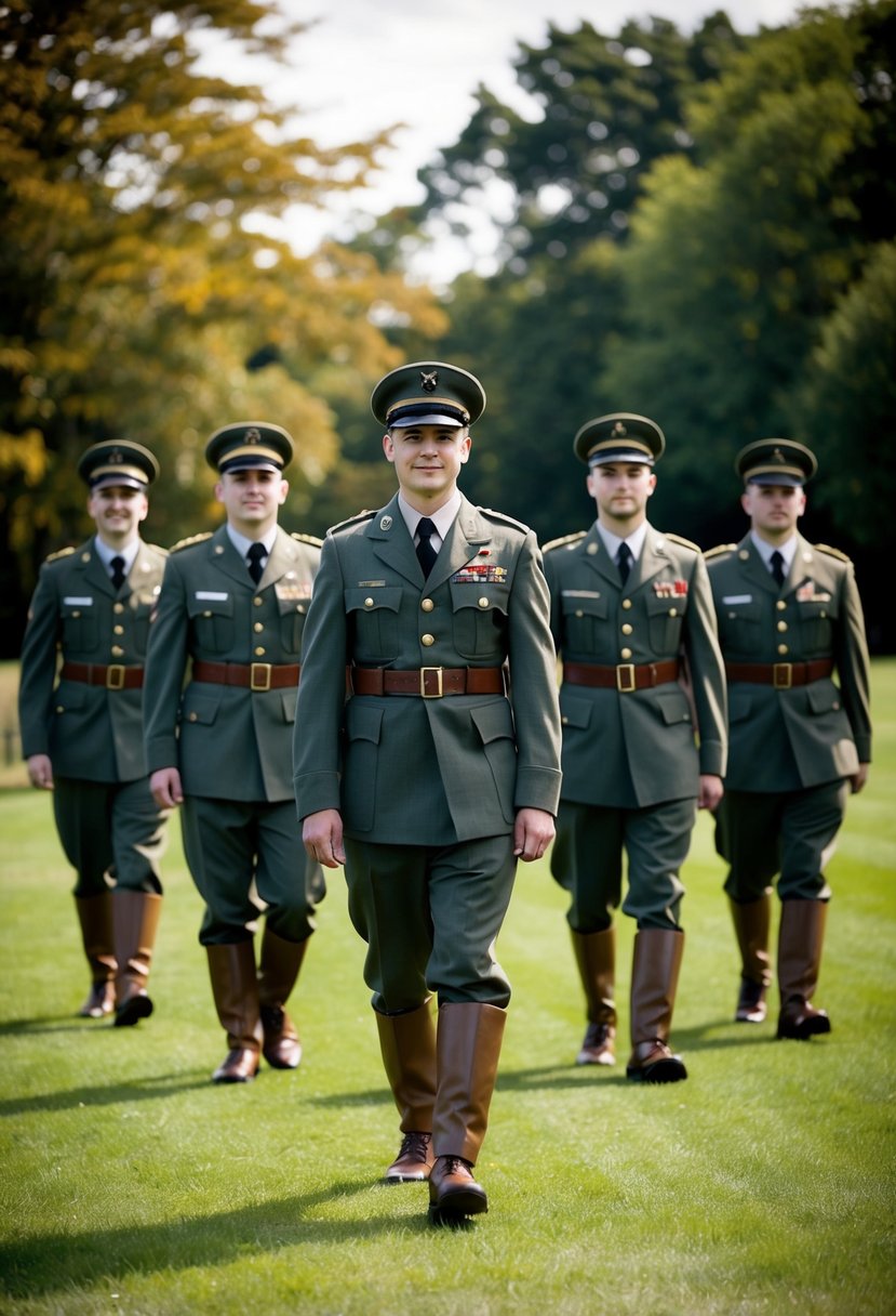 Groomsmen in replica ww2 military uniforms at a vintage-themed wedding