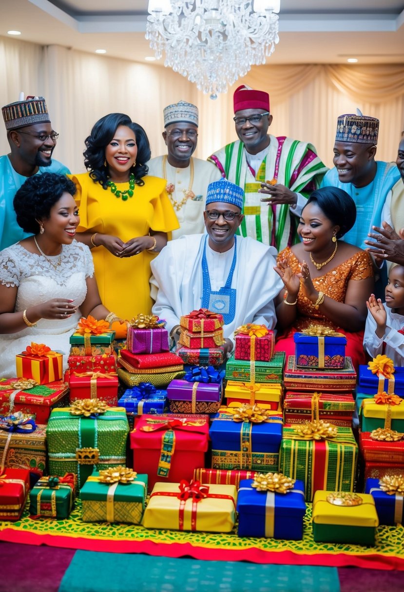 A colorful array of traditional Nigerian wedding gifts displayed on a vibrant cloth, surrounded by joyful family members and friends