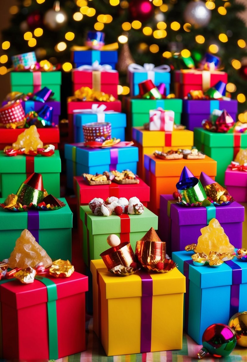 A colorful array of themed gift boxes filled with treats and noisemakers, arranged in a festive display