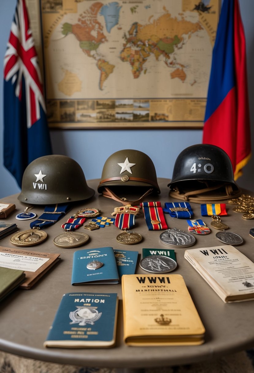 A table adorned with WWII memorabilia: helmets, medals, photos, and ration books, set against a backdrop of vintage maps and flags