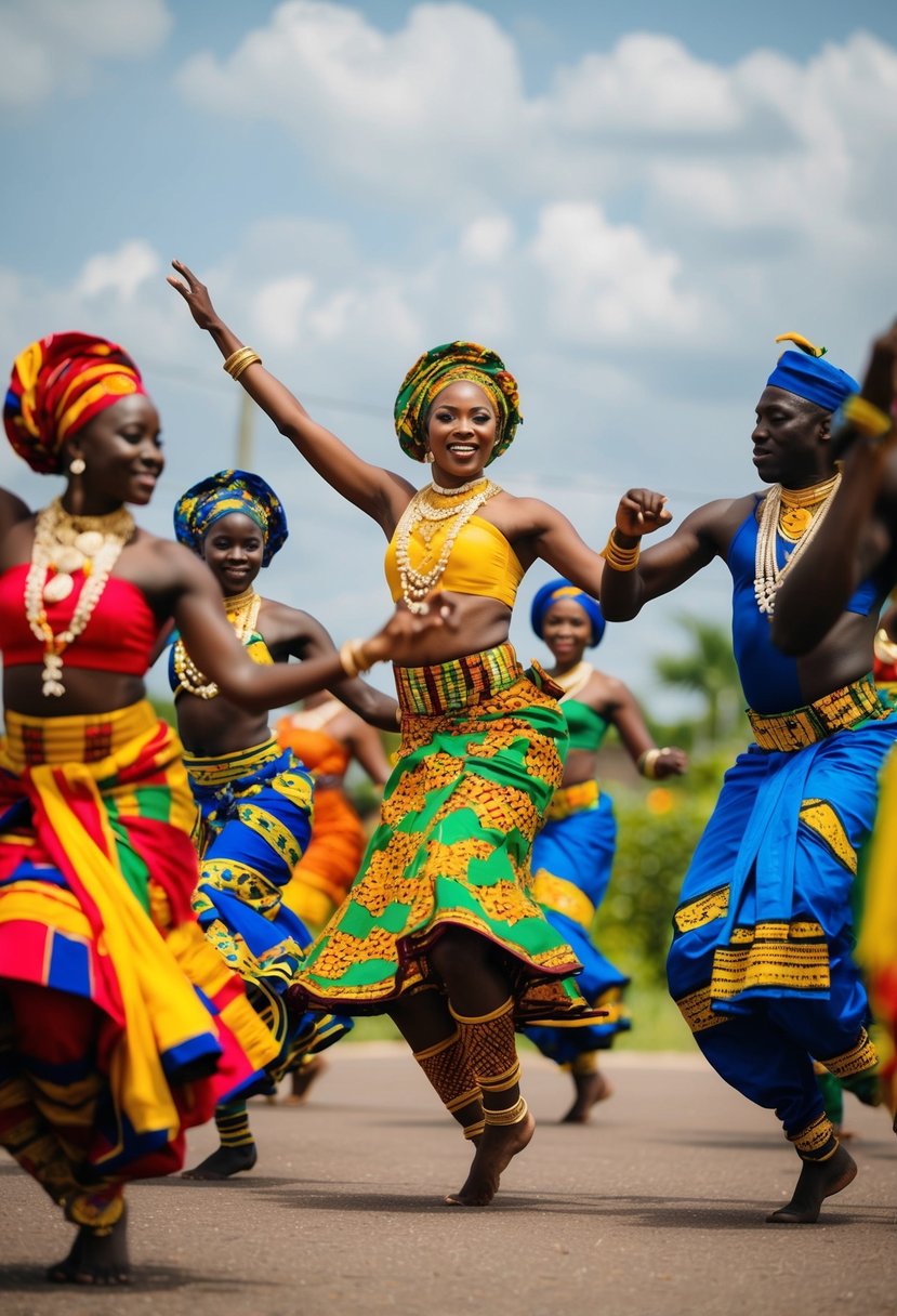 A group of dancers in colorful traditional attire perform energetic and rhythmic Nigerian cultural dances at a lively wedding celebration