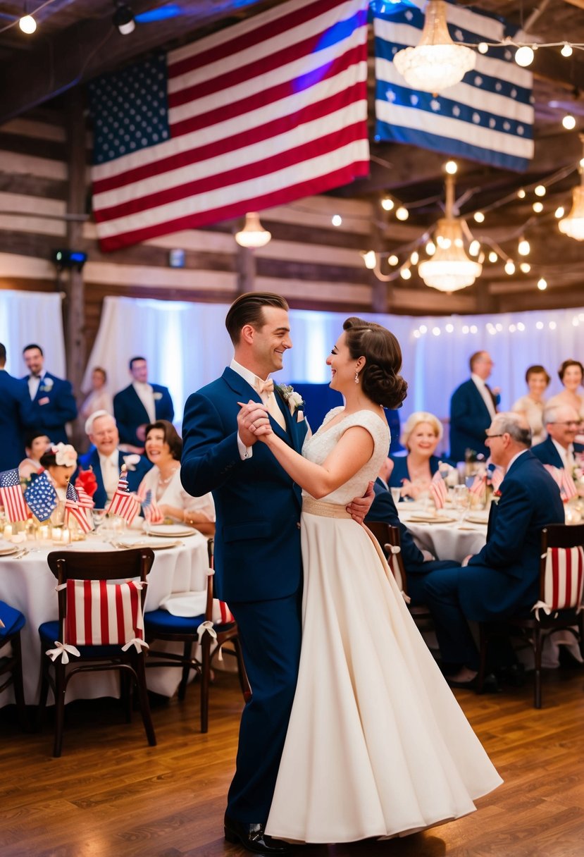 A couple in vintage attire dancing to 1940s music at a WWII-themed wedding reception. Tables adorned with patriotic decor and guests enjoying the festive atmosphere