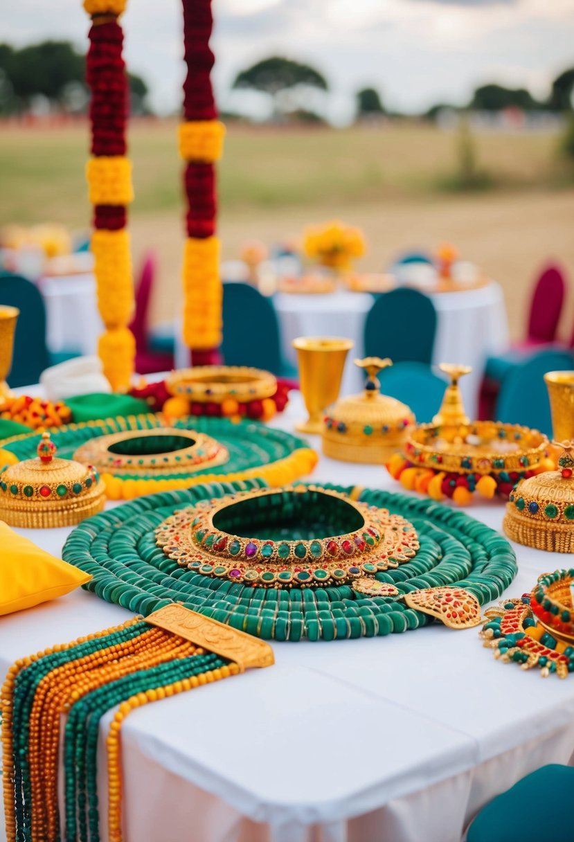 A table adorned with colorful traditional Nigerian jewelry for a wedding ceremony