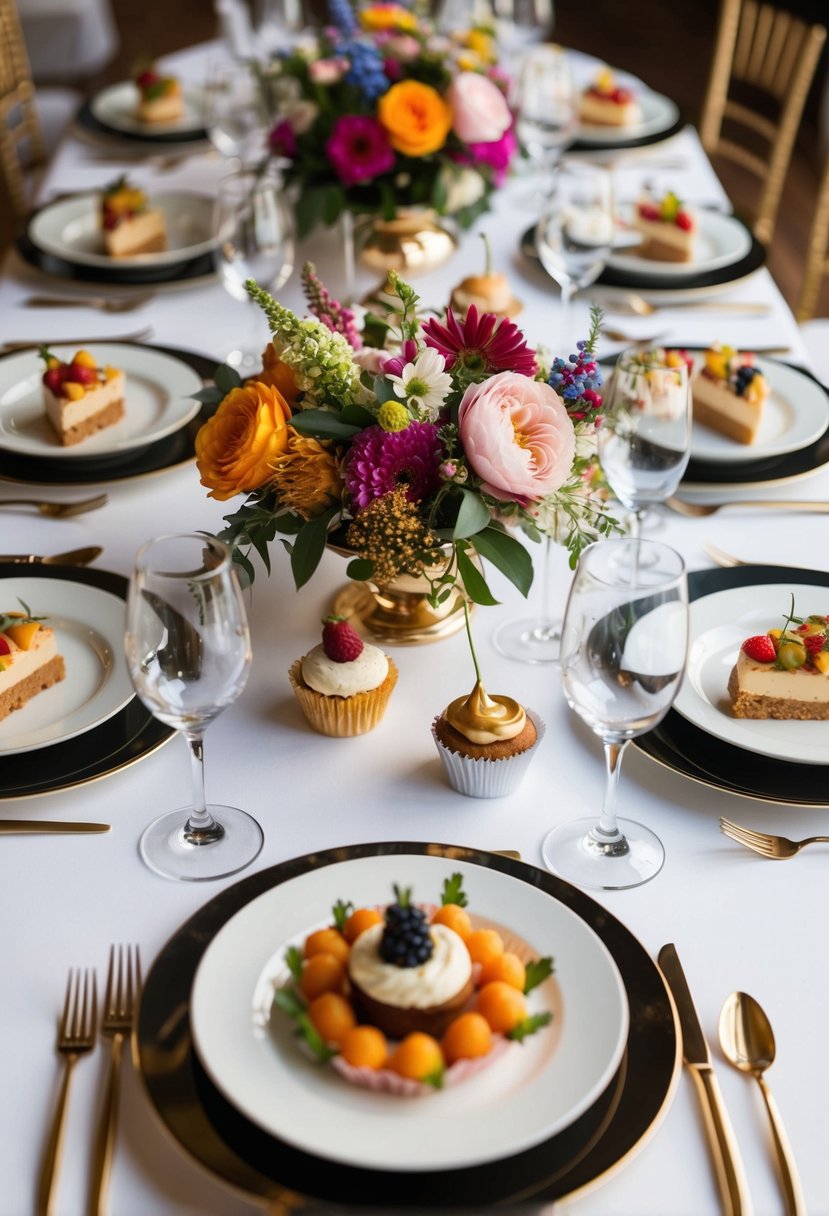 A table set with elegant place settings, colorful floral centerpieces, and a variety of delectable finger foods and desserts