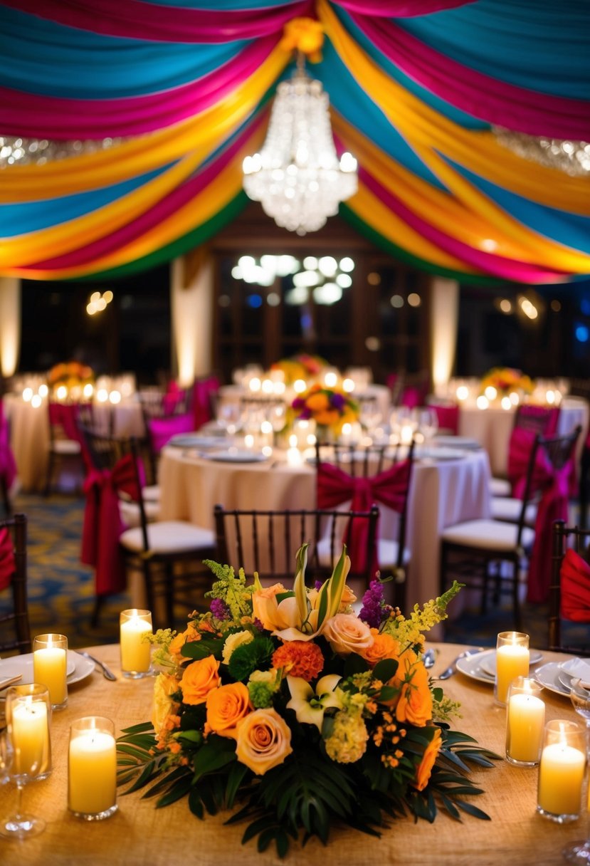 A cozy, candlelit venue with traditional Nigerian fabric draping and vibrant floral arrangements