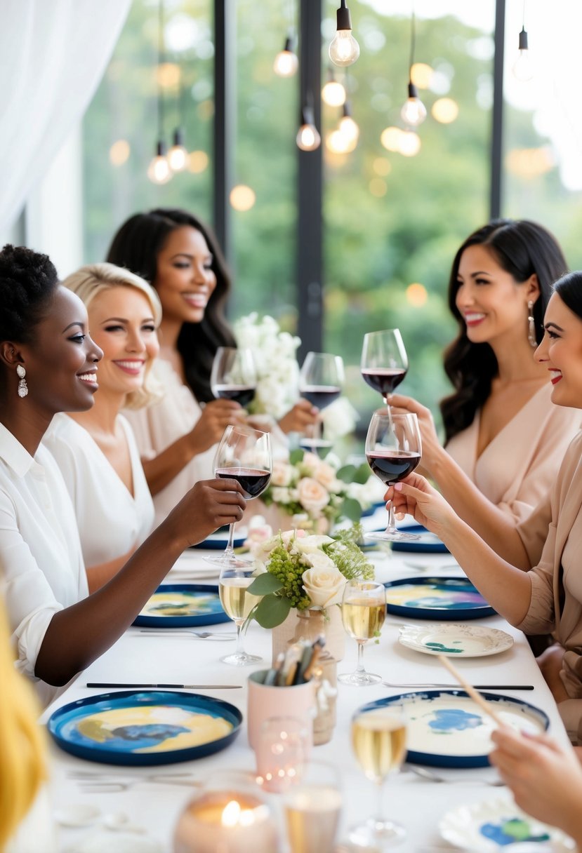 A group of virtual wedding shower attendees painting and sipping wine while enjoying a fun and artistic activity together