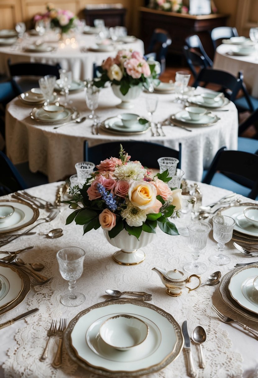 Vintage china and silverware arranged on tables, with floral centerpieces and lace tablecloths. WWII-era memorabilia scattered around the room