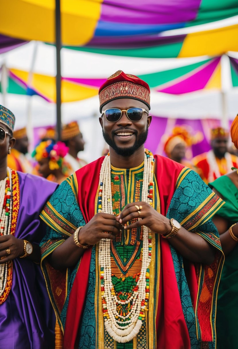 A vibrant fusion of Nigerian and traditional wedding elements, with colorful fabrics, intricate beadwork, and lively music