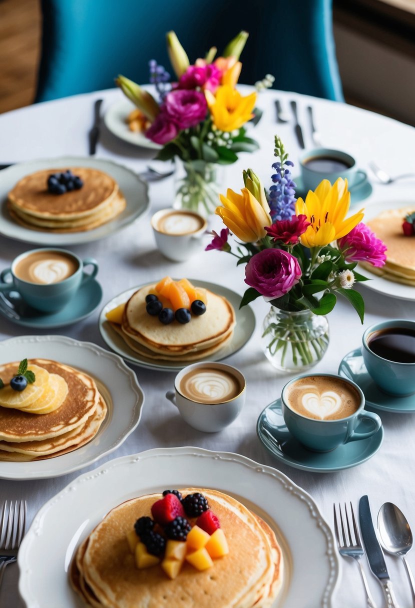 A table set with a variety of brunch dishes, including pancakes, fruit, and coffee, with colorful flowers and elegant tableware