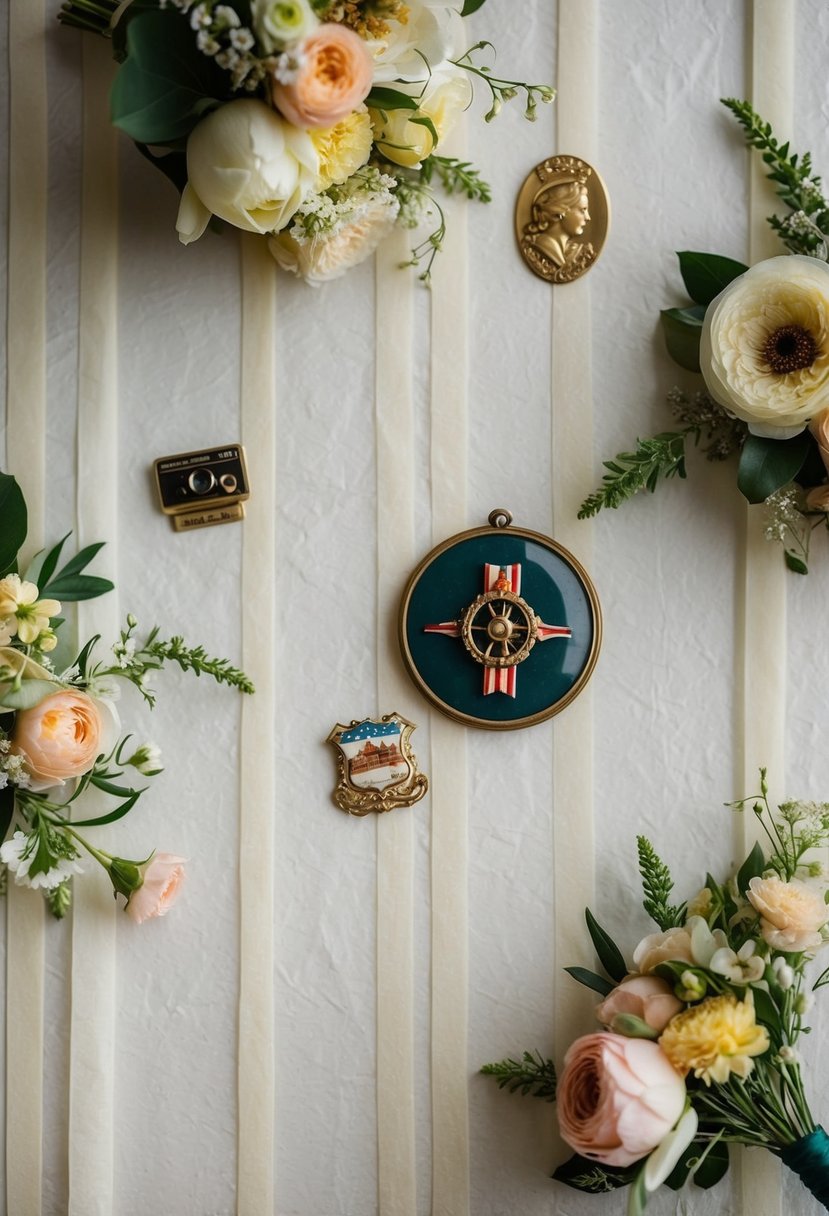 A delicate rice paper backdrop adorned with vintage war-era wedding memorabilia and flowers