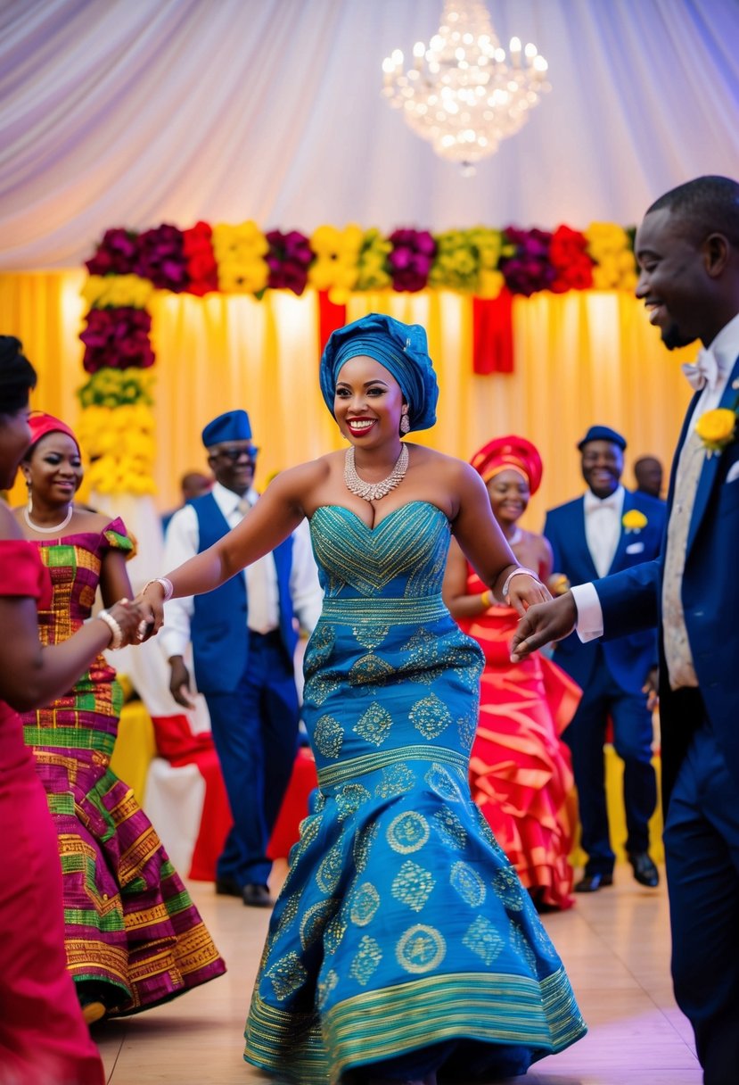 A colorful Nigerian wedding with traditional attire, dancing, and vibrant decorations