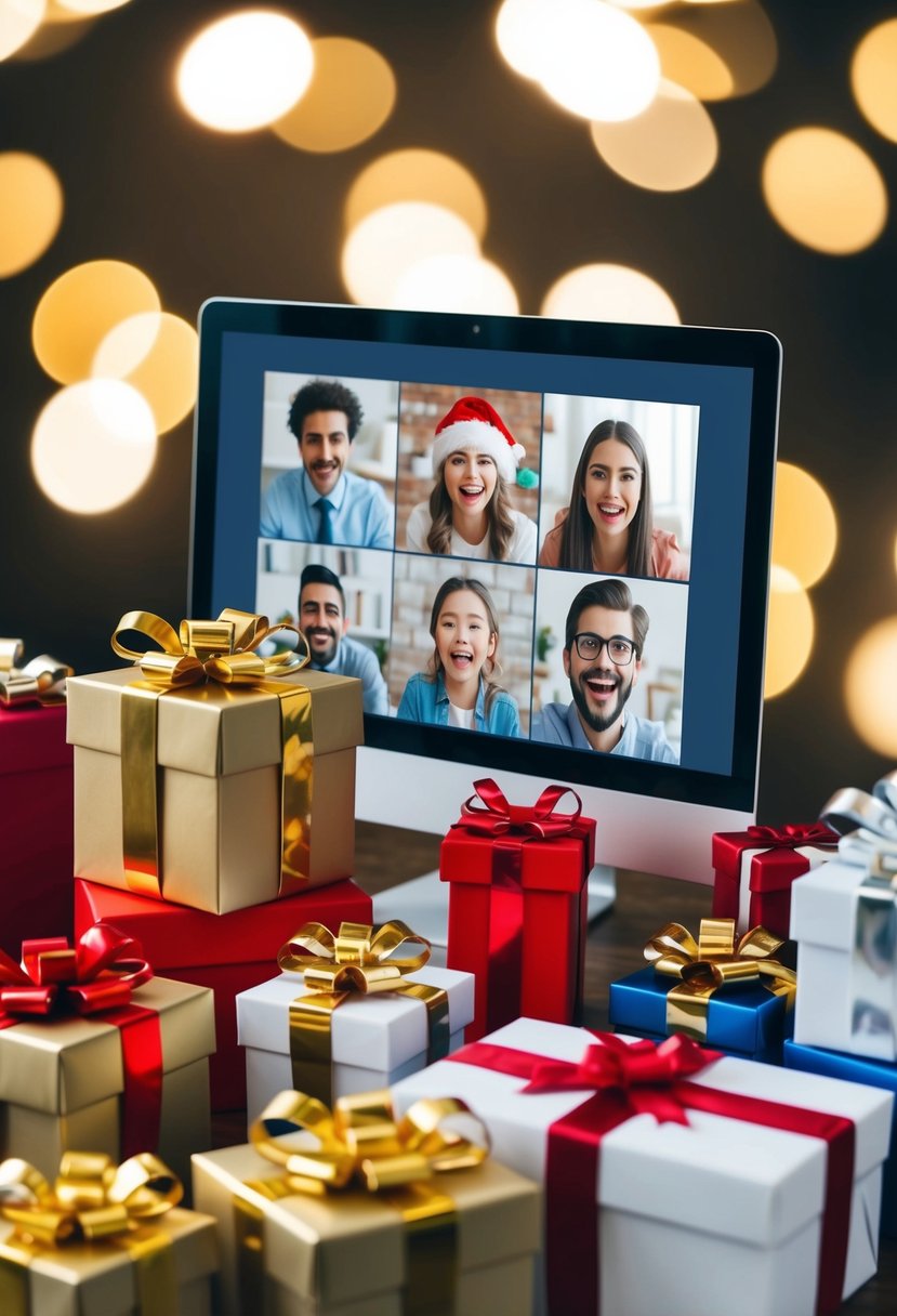 A group of gift boxes arranged around a computer screen displaying a video call with excited faces