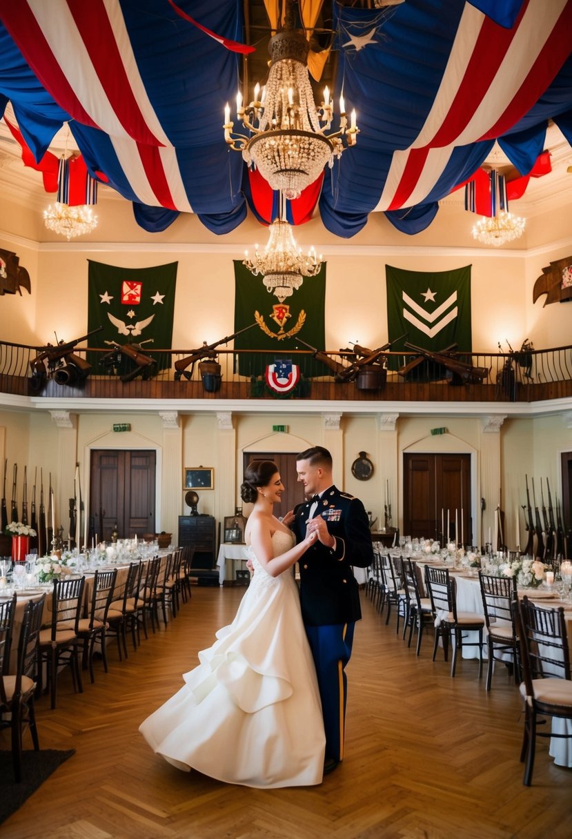 A grand ballroom adorned with vintage military decor, antique rifles, and wartime memorabilia. A couple dances under a ceiling draped with flags