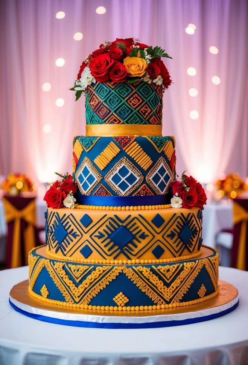 A lavish Nigerian wedding cake adorned with vibrant colors and intricate geometric patterns