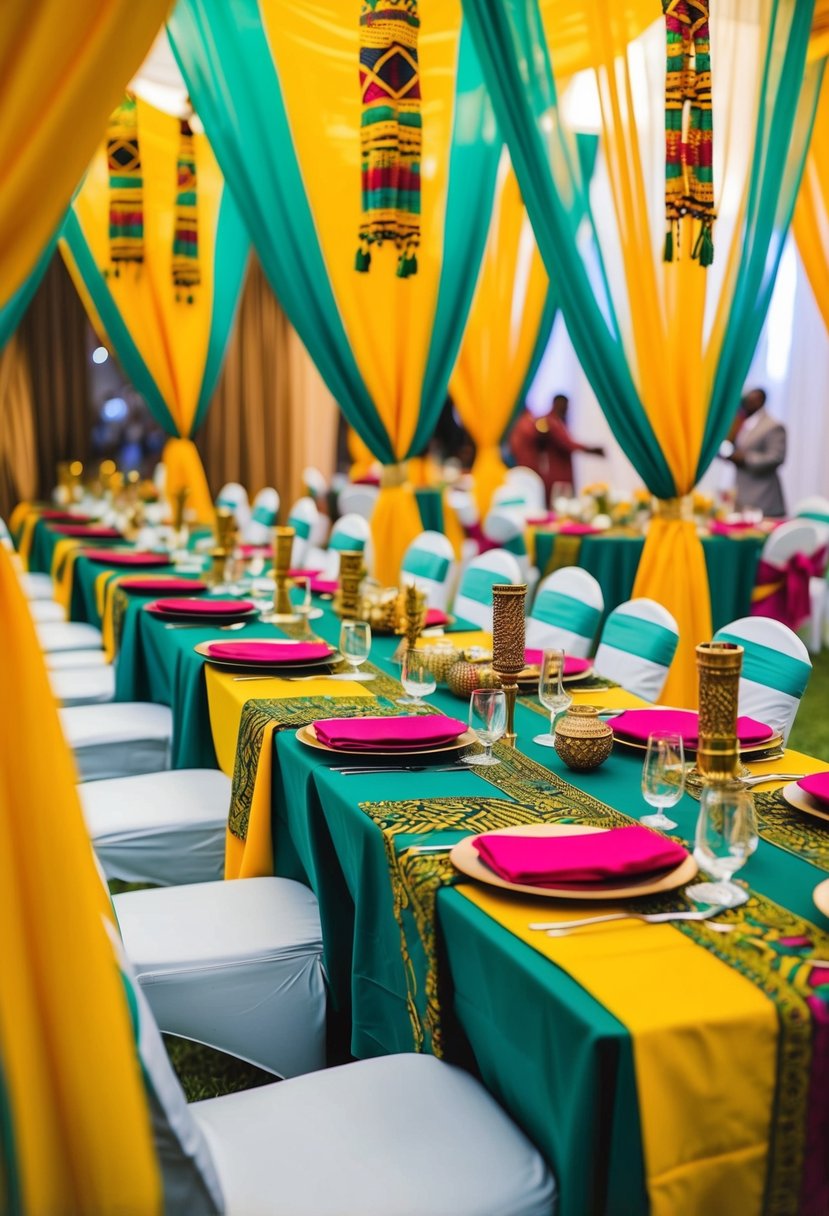 Vibrant African fabric draped over tables with traditional decor elements for a Nigerian wedding celebration