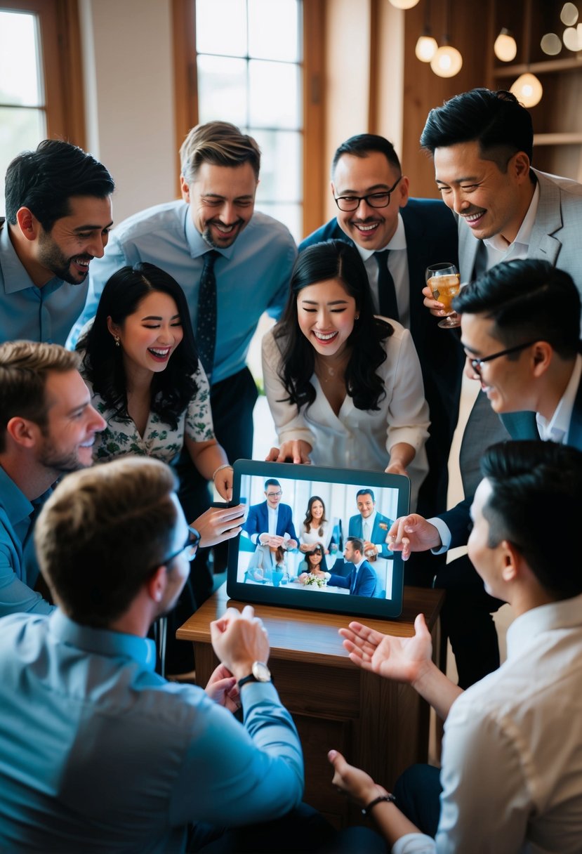 A group of people gather around a virtual screen, sharing stories and laughter as they celebrate the upcoming wedding. Memories and anecdotes fill the air, creating a warm and joyful atmosphere