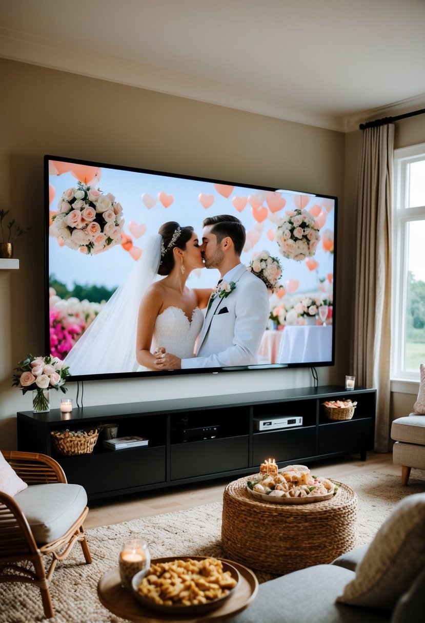 A cozy living room with a big screen showing romantic wedding-themed movies, surrounded by snacks and decorations for a virtual wedding shower