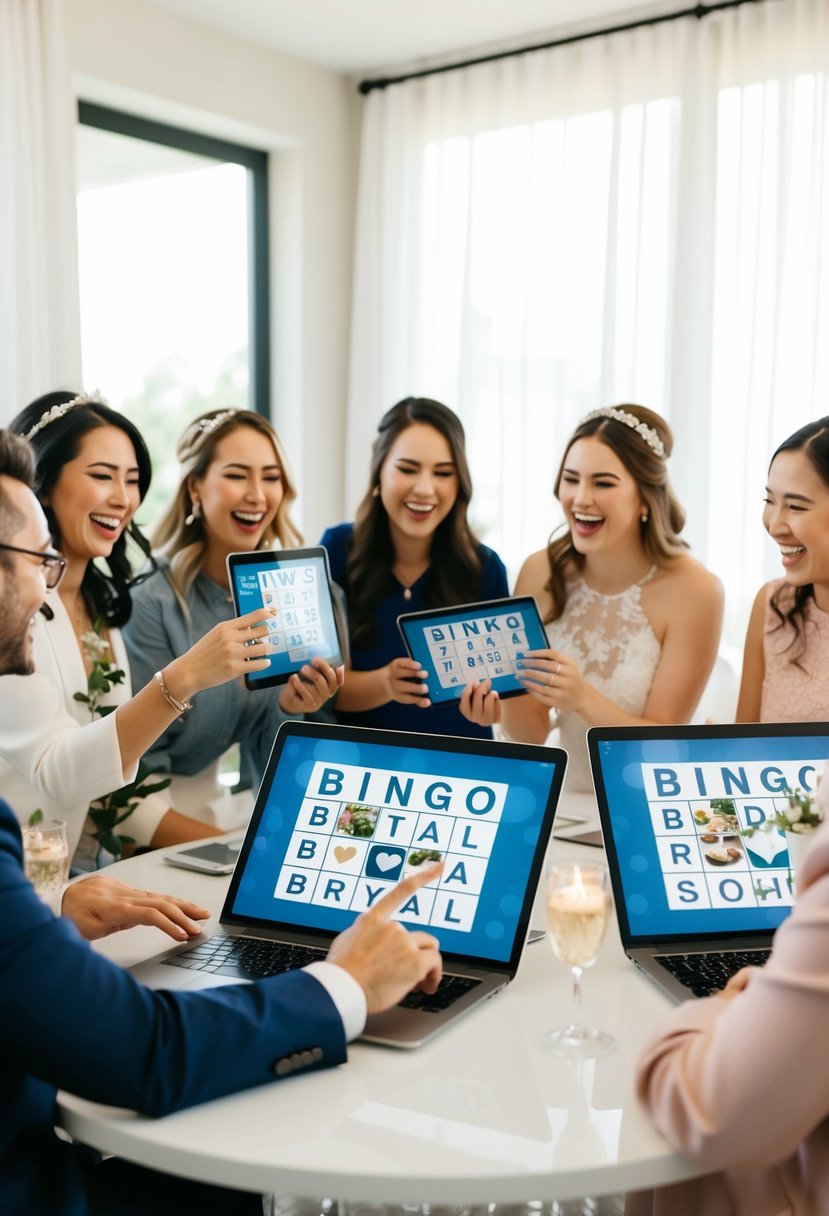 A group of virtual wedding shower guests play Bridal Bingo on their screens, laughing and interacting with each other