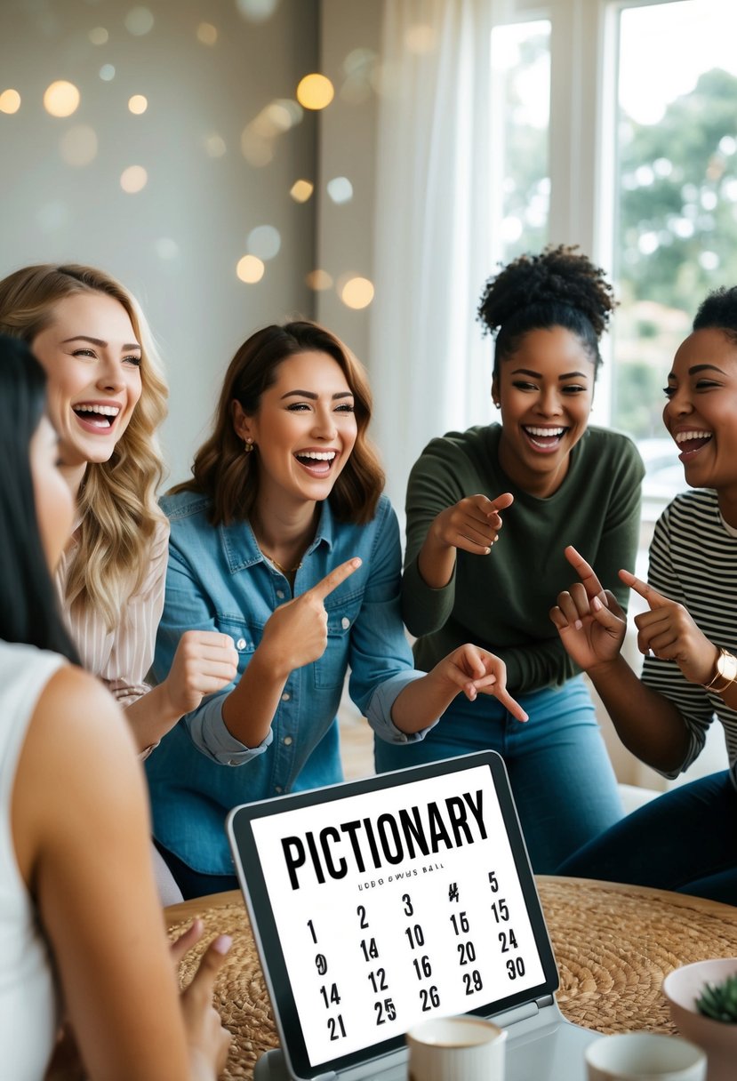 A group of friends laughing and gesturing while playing Pictionary on a virtual wedding shower call