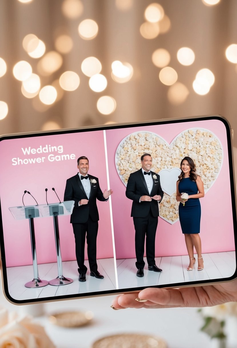 A virtual wedding shower game with two podiums, a host, and a heart-shaped backdrop