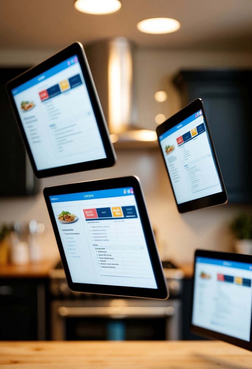 A virtual kitchen with recipe cards floating between screens