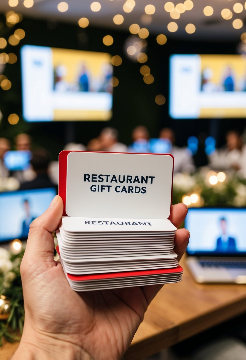 A hand holding a stack of restaurant gift cards, surrounded by festive wedding decor and virtual meeting screens