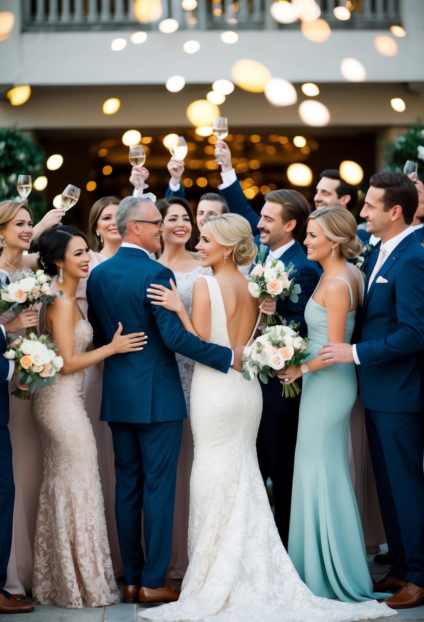 A group of elegantly dressed figures gathered in a celebratory setting, perhaps with flowers and a festive atmosphere