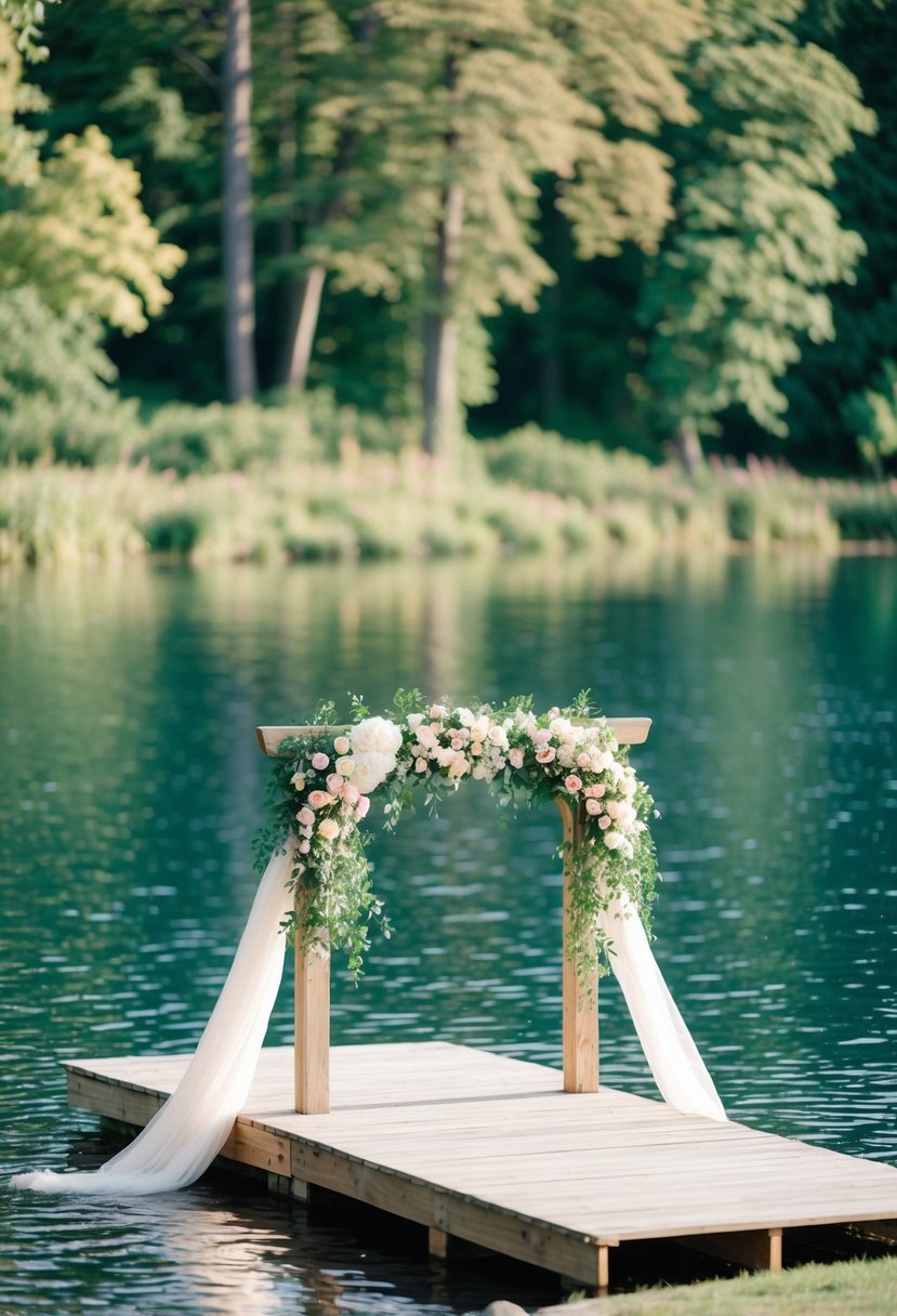 A serene lake surrounded by lush greenery, with a wooden dock adorned with flowers and draped in flowing fabric, set for a romantic wedding ceremony