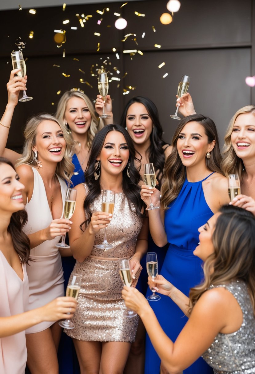 A group of women celebrating a bachelorette party with champagne, confetti, and matching outfits