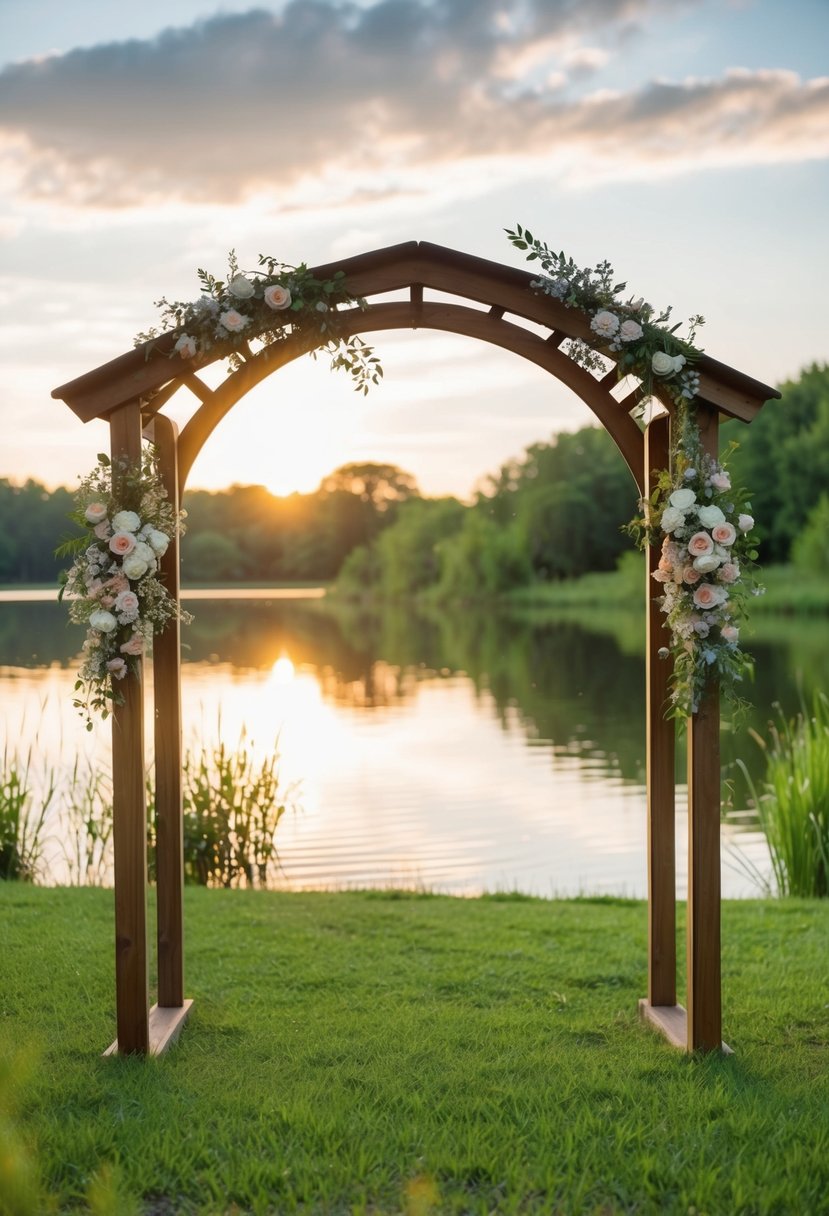 A wooden arch adorned with flowers stands by a tranquil lake, surrounded by lush greenery and the soft glow of the setting sun