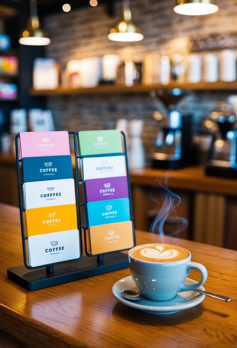 A cozy coffee shop interior with a colorful display of gift cards and a steaming cup of coffee on the counter