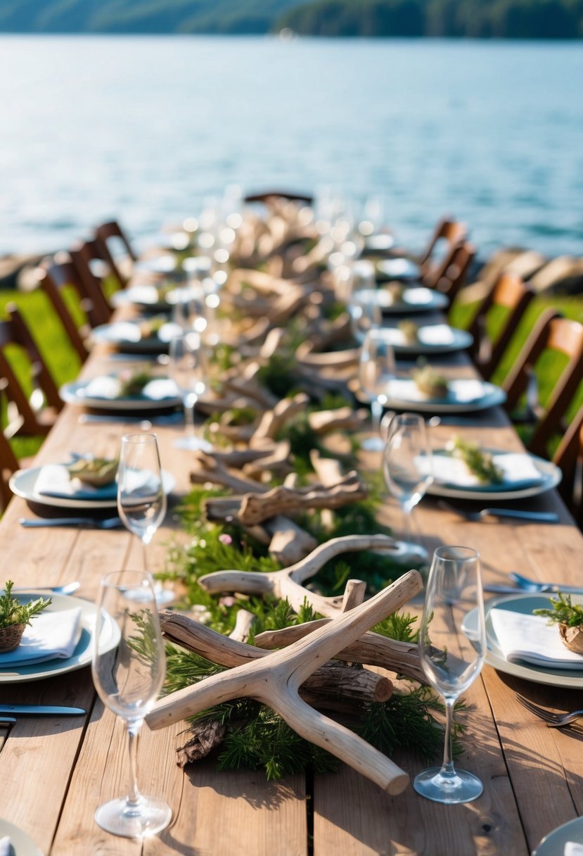 Driftwood centerpieces adorn wooden tables at a lakeside wedding, creating a rustic and natural ambiance