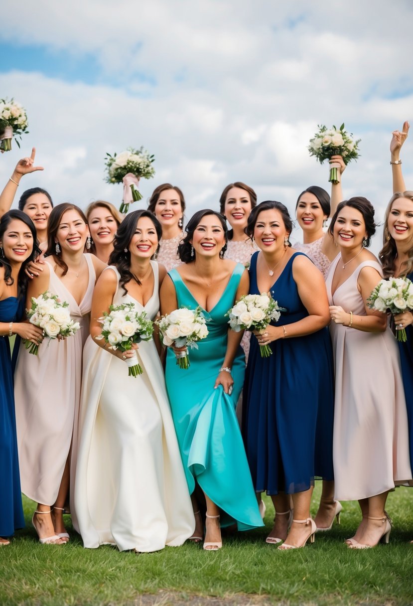 A group of women in elegant dresses and matching accessories stand together, smiling and posing for a photo. They exude joy and camaraderie as they celebrate the upcoming wedding