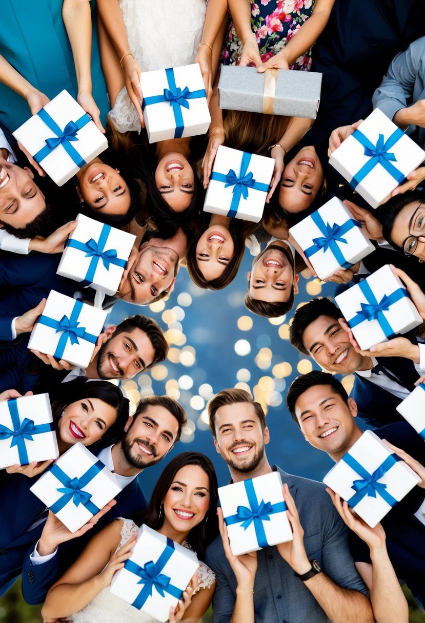 A group of friends gather virtually, each holding a symbolic gift to donate in the couple's name. Smiles and laughter fill the screen as they celebrate the upcoming wedding