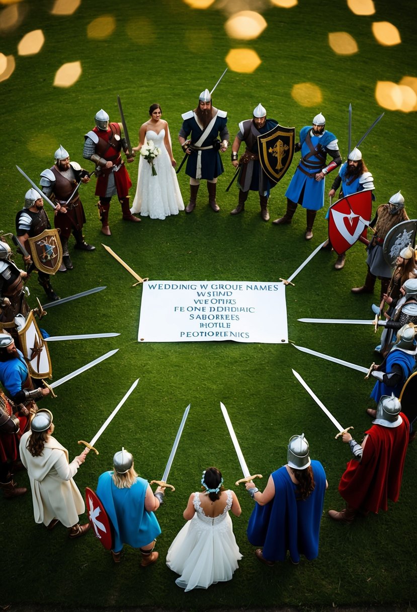 A group of wedding warriors in various attire, holding swords and shields, standing in a circle with a banner displaying potential wedding group names