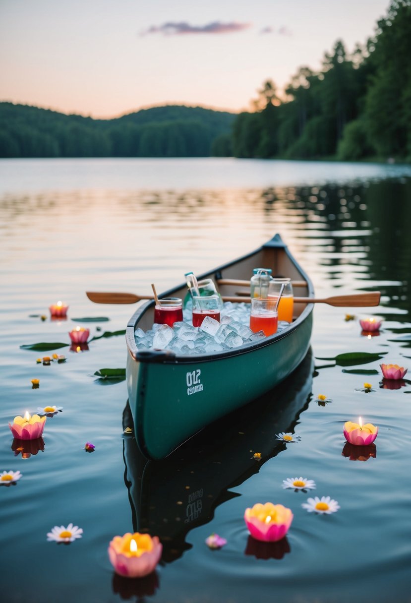 A canoe filled with ice and drinks, surrounded by floating flowers and candles on a tranquil lake