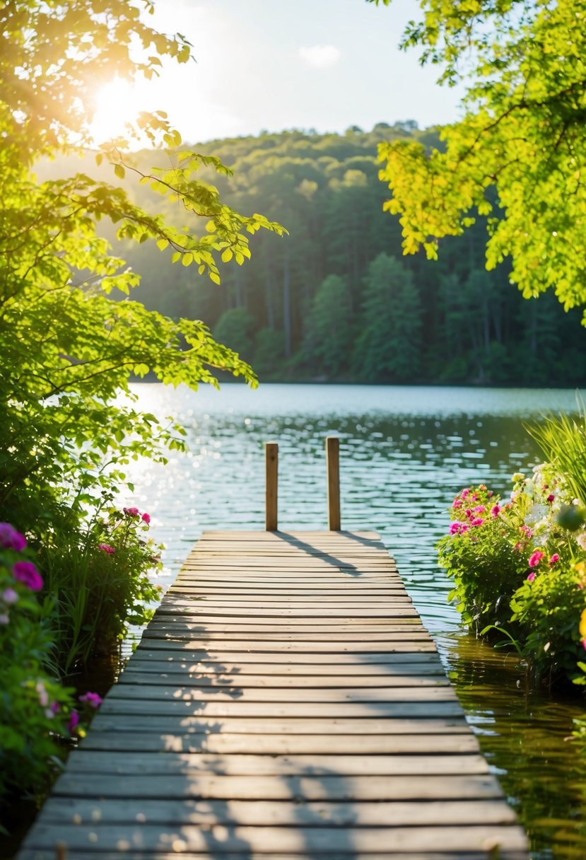 A wooden dock extends into a serene lake, surrounded by lush greenery and colorful flowers. Sunlight dances on the water, creating a picturesque setting for a romantic lakeside wedding