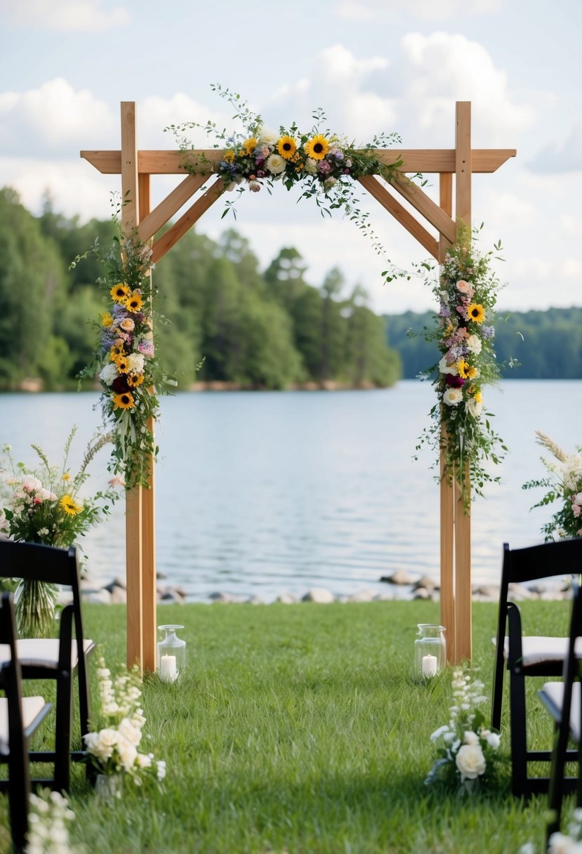 A lakeside wedding with a simple wooden arch adorned with colorful wildflowers, surrounded by lush greenery and the serene water in the background