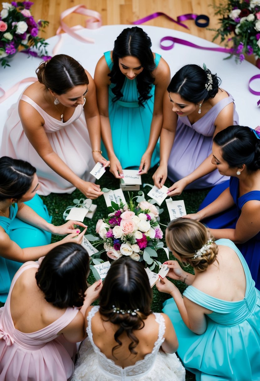 A group of bridesmaids gather in a circle, brainstorming wedding group name ideas, surrounded by floral arrangements and colorful ribbons