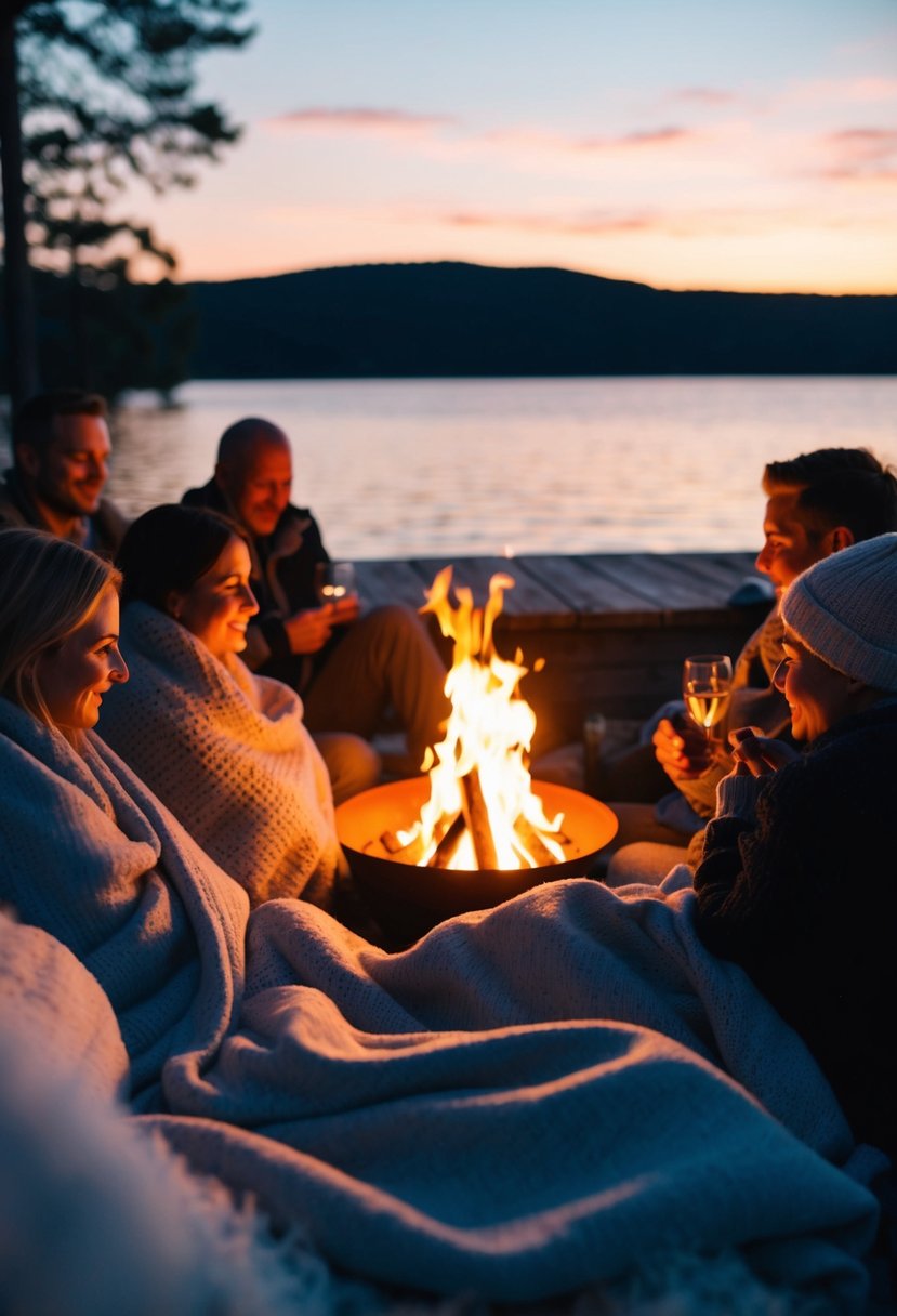 Guests snuggle under blankets by a glowing lakeside fire