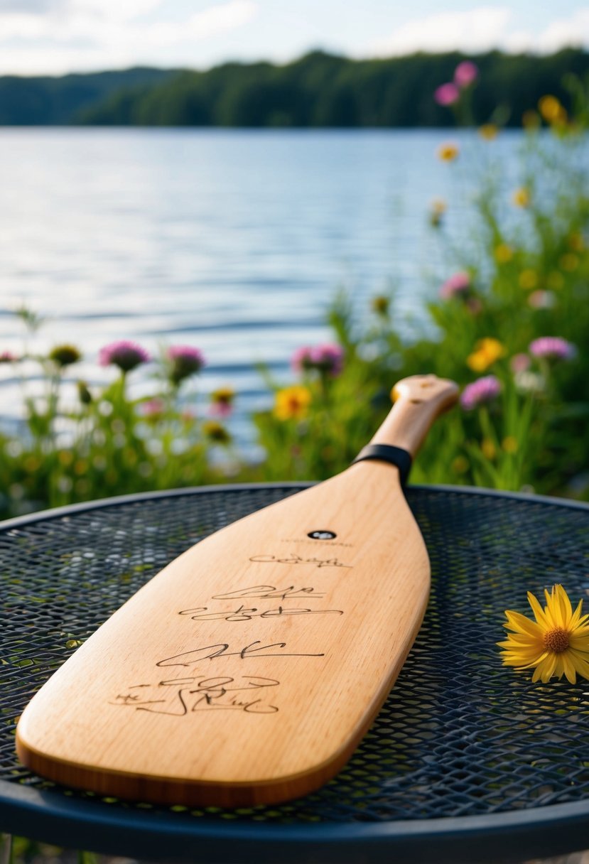 A wooden paddle with signatures on it, resting on a lakeside table, surrounded by wildflowers and a serene water view