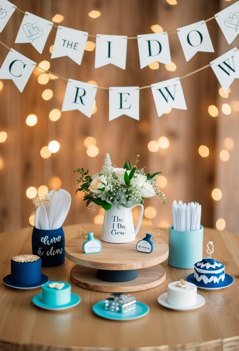 A group of wedding-themed objects arranged in a circle, with a banner reading "The I Do Crew" above them