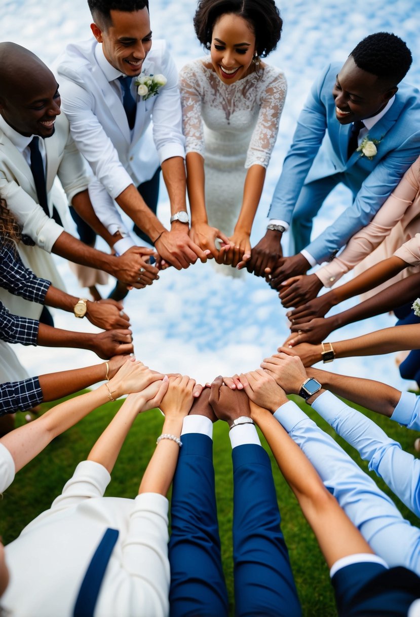 A group of diverse wedding guests stand together, holding hands in a circle, smiling and laughing as they brainstorm ideas for their wedding group name