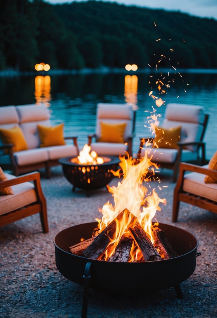 A bonfire crackles beside a tranquil lake, surrounded by cozy seating and soft lighting for a romantic evening gathering